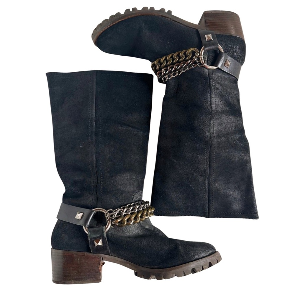 BCBGMaxAzria MidCalf Leather Motoboot in Black with Chain Details Women Size 8.0